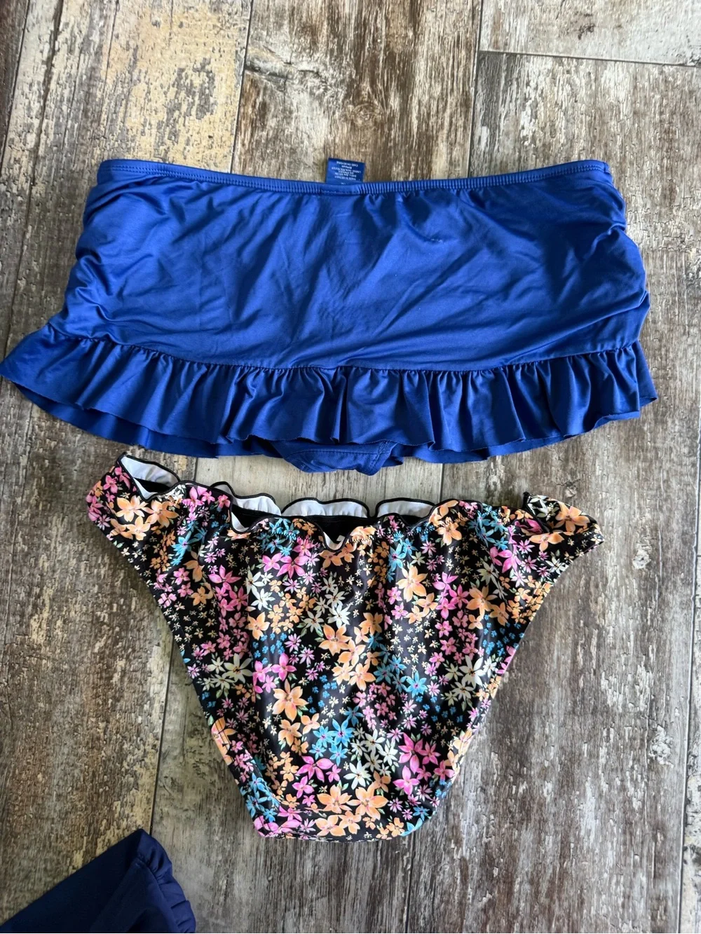 2 for $10 sale: 2 Bikini bottoms ; blue ruffle trim swim skirt and floral cheeky